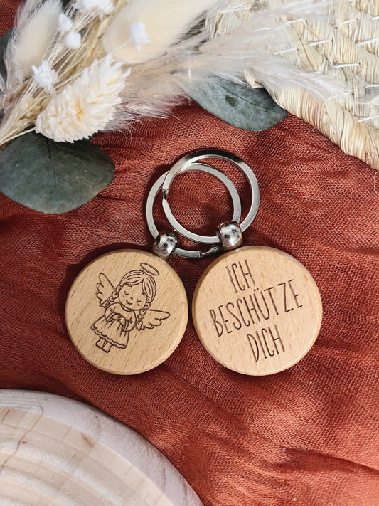 Schutzengel aus Holz mit Gravur „Ich beschütze dich“ – perfektes Geschenk zur Einschulung, für Schulstart oder als Glücksbringer